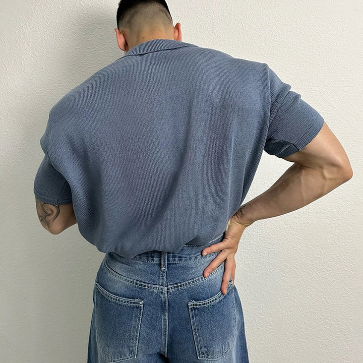 2024 Summer Mens Casual Tops Knitted Turn-down Collar Button Short Sleeve Slim Shirt For Men Knitwear Vintage Solid Color Shirts