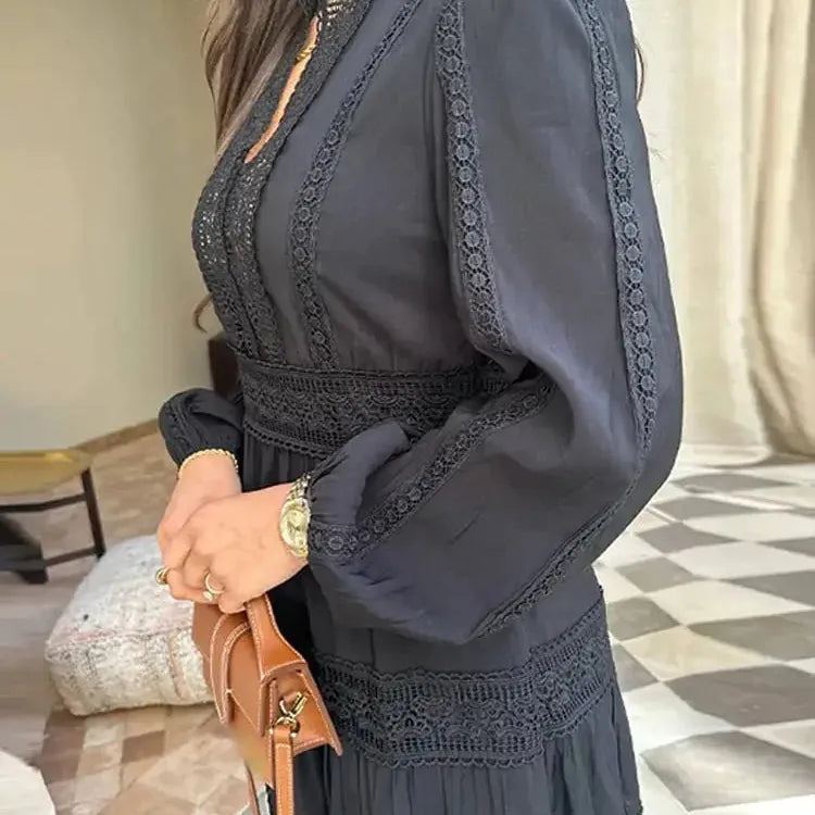 Elegant Print Hollow Out Lantern Sleeved Maxi Dress Women Lace Spliced Stand Collar Loose Dresses New Spring Female Street Robe