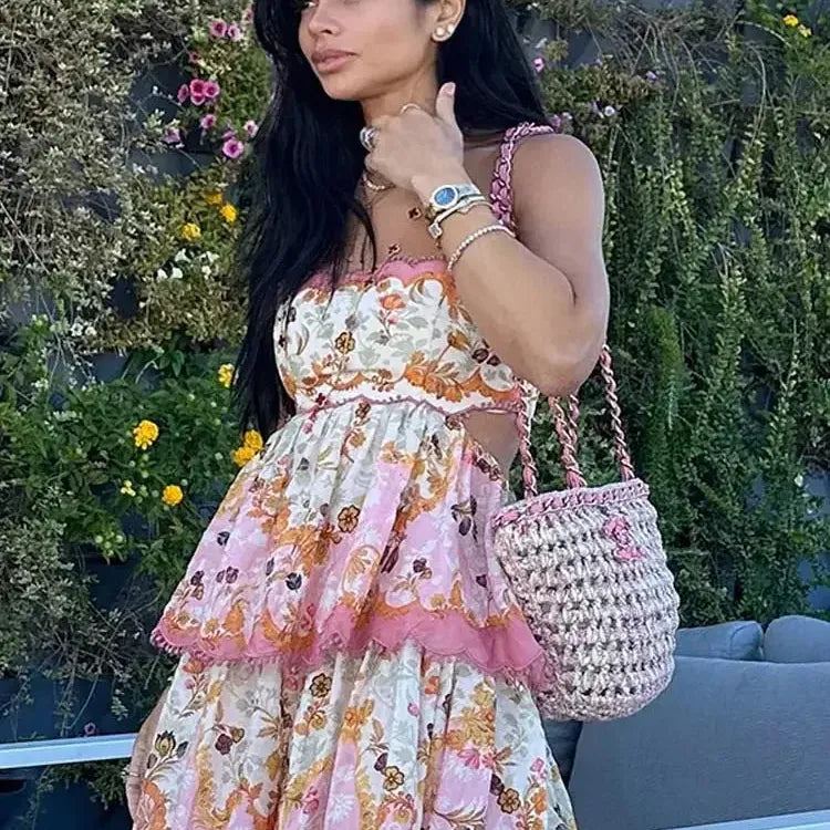 Women Sweet Print Cut Out Halter Maxi Dress Fashion Off Shoulder Sleeveless Holiday Robe Lady Elegant Beach Party Vestidos