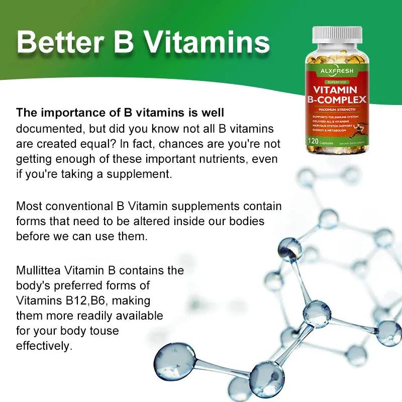 Alxfresh B-Complex Vitamin Supplements (B12 B1 B2 B3 B5 B6 B9 Folic Acid &Biotin), Immune & Energy Support