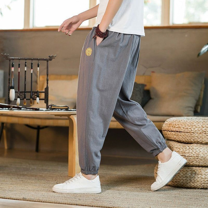 Cotton Linen Pants Men Fashion Embroidery Loose Pants Men's Street Jogging Pants - Jointcorp