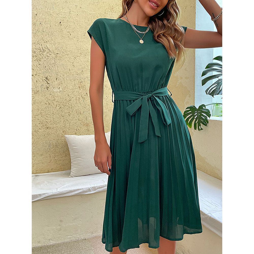 Dress for Women Summer Casual Beach Sundress Short Sleeve Pleated Midi Dress Soild Vintage dresses - Jointcorp