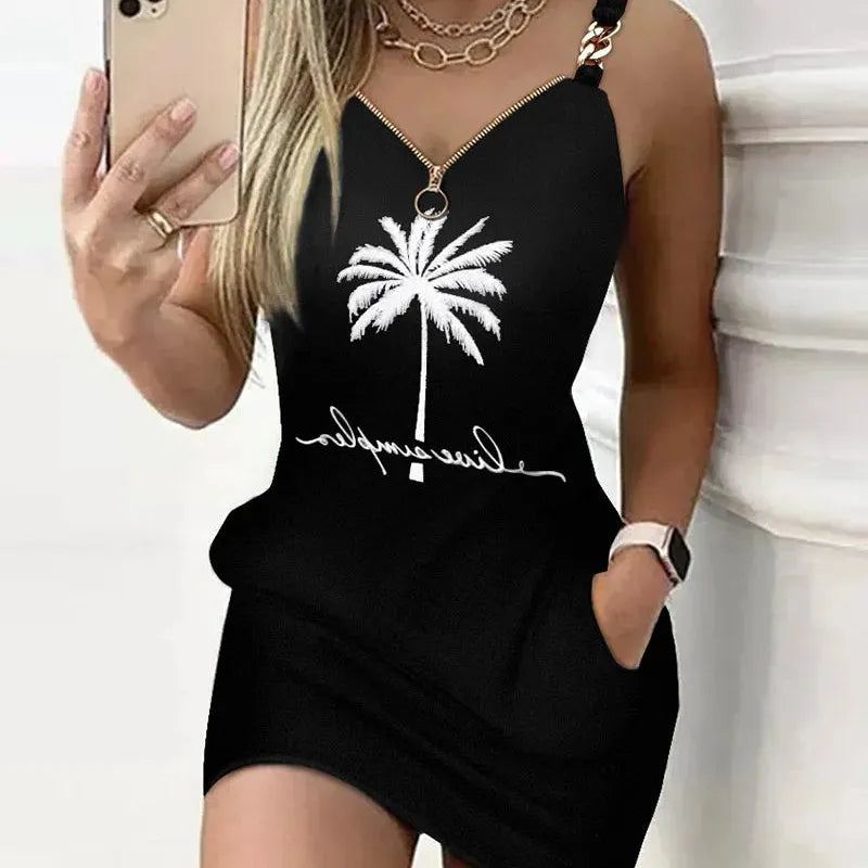 Women's Dresses Summer Fashion Coconut Tree Print Chain Decor Casual V-Neck Sleeveless Mini Straight Dress DF4985
