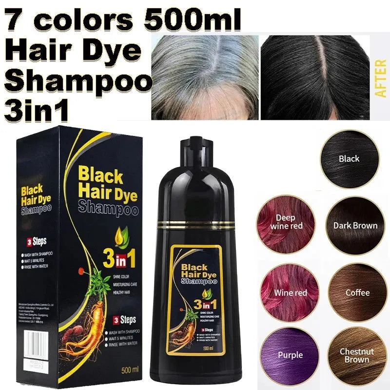 500ml 3 In 1 Instant Coloring Shampoo Natural Black Color Hair Dye Hair Dye Shampoo Herbal Brown Purple Hair Dye for Men Women