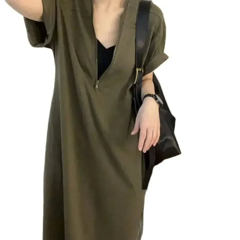 Vintage Herben-style Senior Zipper Dress Women's Summer Loose Skinny-covered Casual MIDI Skirt