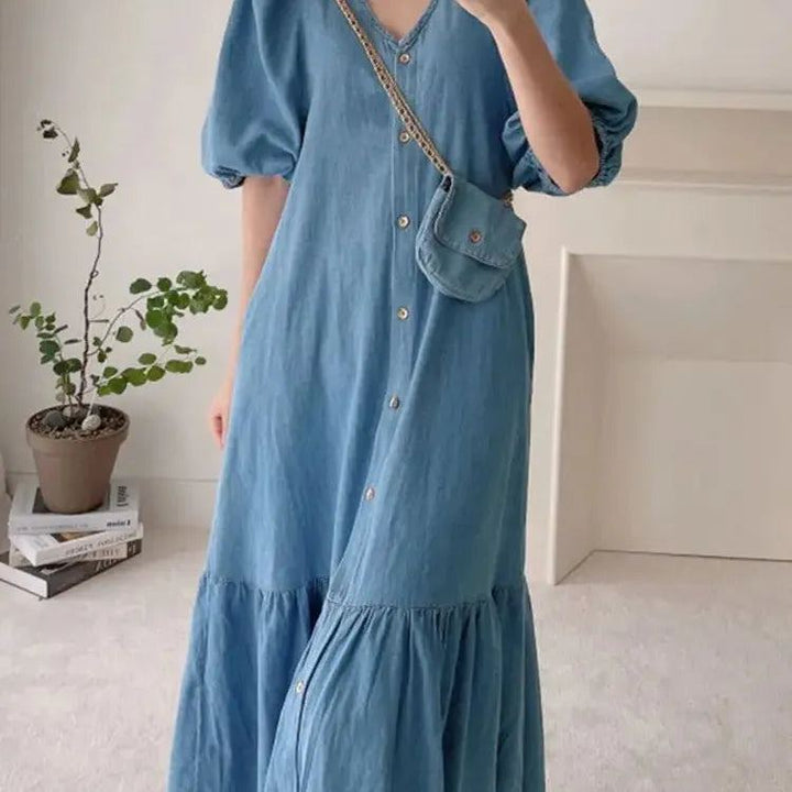 Women Denim Blue Robes Longue ZANZEA Oversized Fashion Summer Puff Sleeve Maxi Vestidos Retro Dress Casual Solid Baggy Sundress