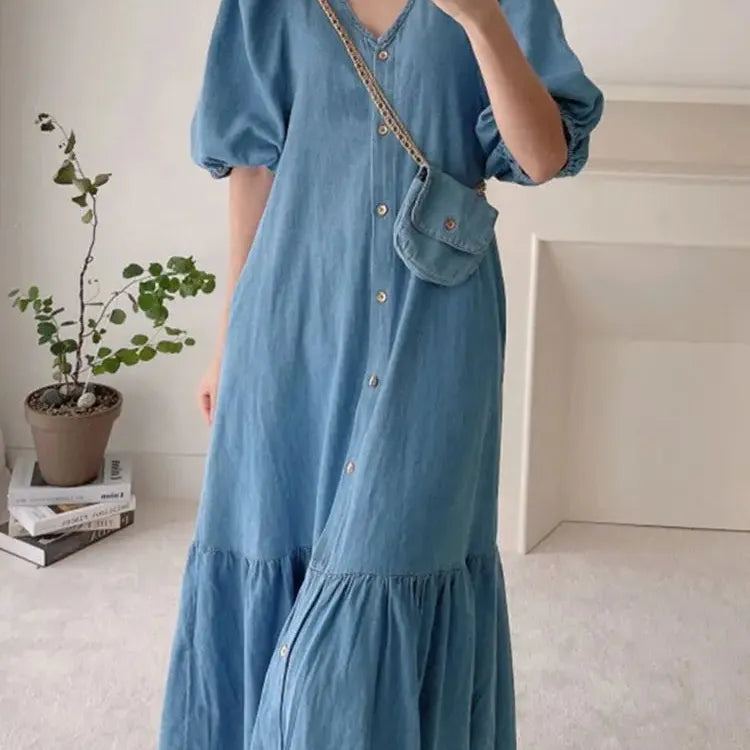 Women Denim Blue Robes Longue ZANZEA Oversized Fashion Summer Puff Sleeve Maxi Vestidos Retro Dress Casual Solid Baggy Sundress