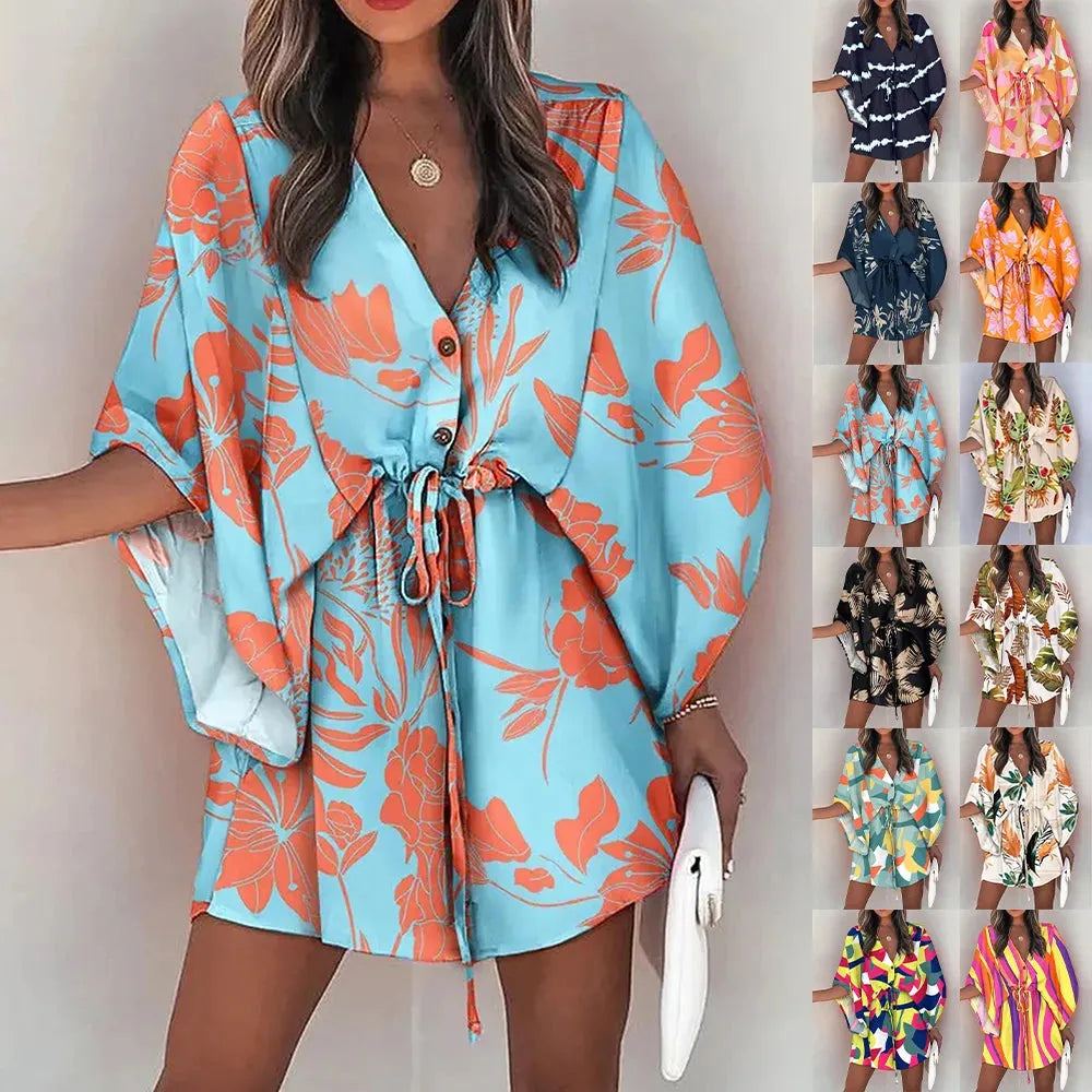 Holiday Style Dresses Women Sexy V-neck Batwing Sleeve Lace-up Fashion Printed Dress Summer Beach Causal Half Sleeve Short Dress