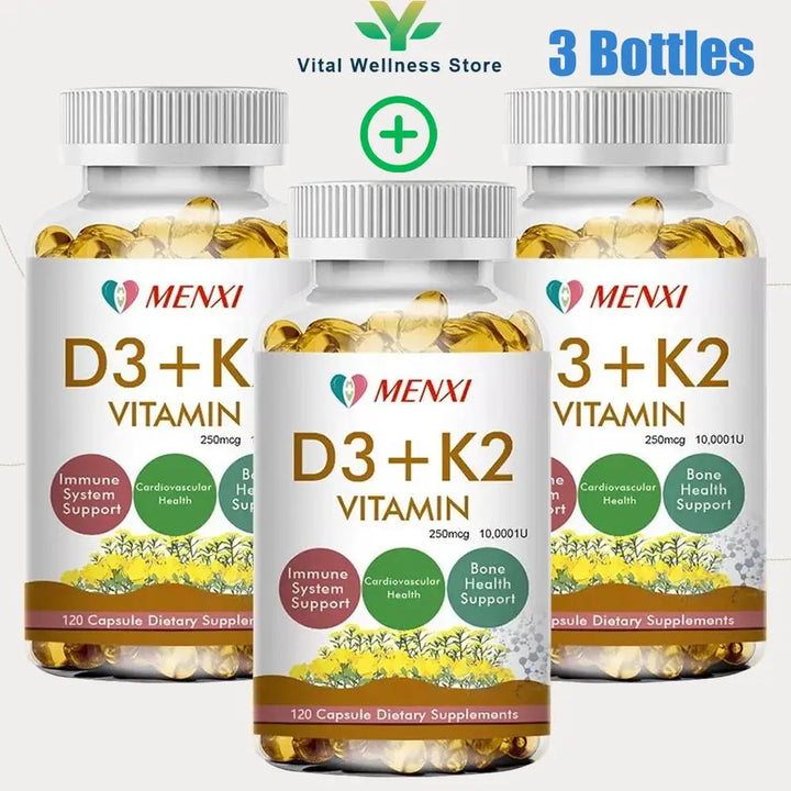3 Bottles Vitamin D3 + K2 Capsules Supports Calcium For Stronger Bones Immune Health VC VK Complex Dietary Supplement For Adults