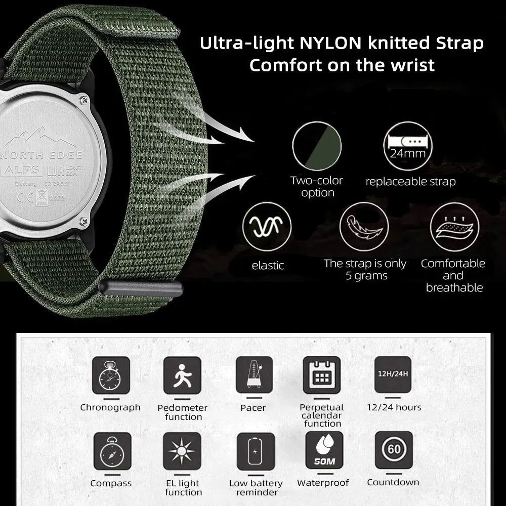 NORTH EDGE ALPS Men's Carbon Fiber Digital Watch Shock Militray Sports Super Light Outdoor