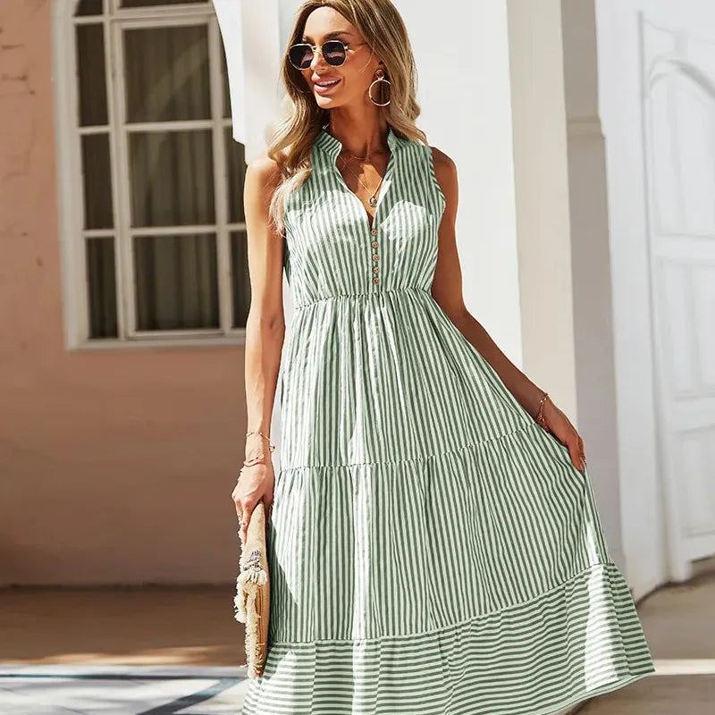 Striped Shirt Dress Women Sleeveless V-Neck Long Dresses Summer Casual Buttons A-Line Beach Holiday Dresses Female Clothing