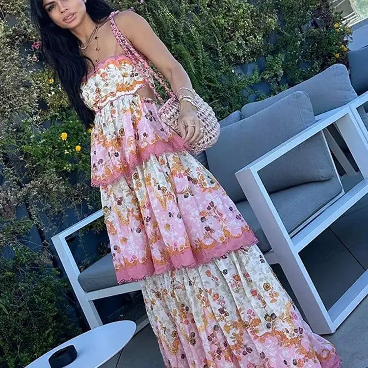Women Sweet Print Cut Out Halter Maxi Dress Fashion Off Shoulder Sleeveless Holiday Robe Lady Elegant Beach Party Vestidos