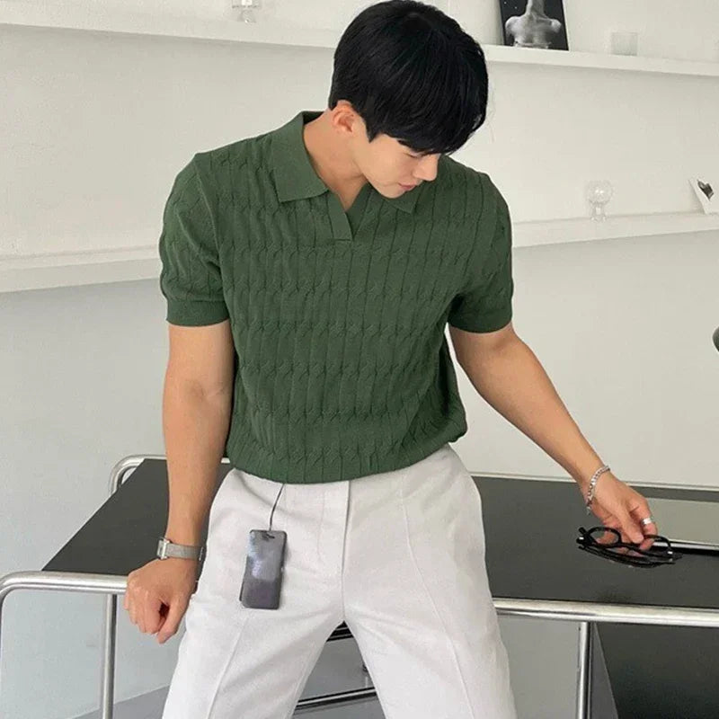 Luxury Summer Solid Casual Polo Shirts Men Sexy Slim Fit V-Neck Knitted Tops Men's Jacquard Short Sleeve Shirts Leisure Knitwear