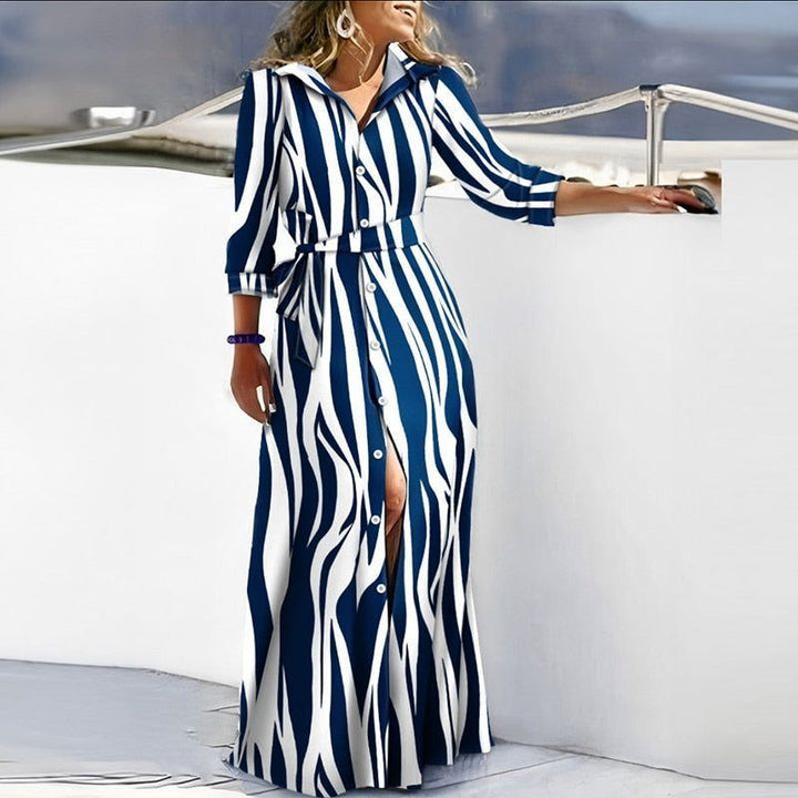Printed Shirt Dress Women Elegant Long Dress + Long Sleeve Vintage dresses - Jointcorp