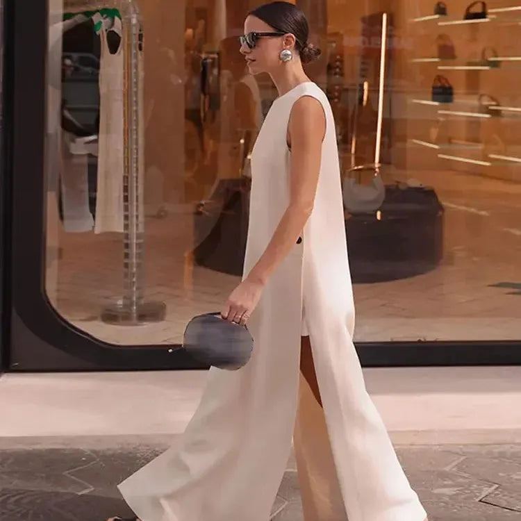 Fashion Solid Sleeveless Button Split Dress Women Elegant Round Neck Loose Long Dresses 2024 Summer New Lady High Street Robes