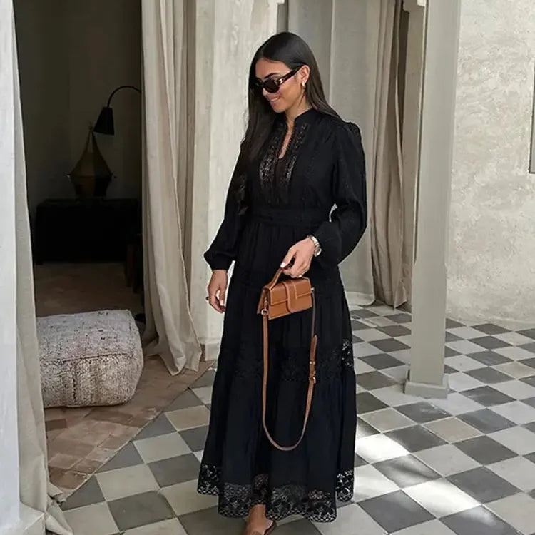Elegant Print Hollow Out Lantern Sleeved Maxi Dress Women Lace Spliced Stand Collar Loose Dresses New Spring Female Street Robe