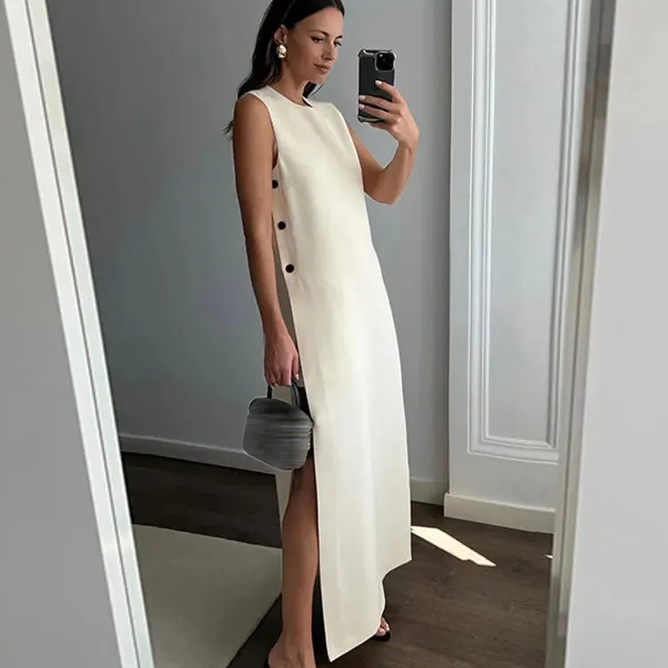 Fashion Solid Sleeveless Button Split Dress Women Elegant Round Neck Loose Long Dresses 2024 Summer New Lady High Street Robes