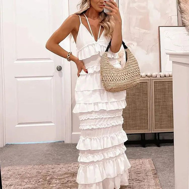 Women Elegant Solid Layered Ruffles Sling Maxi Dress Sexy V-neck Backless Sleeveless Slim Robe Summer Lady Holiday Vestidos ﻿
