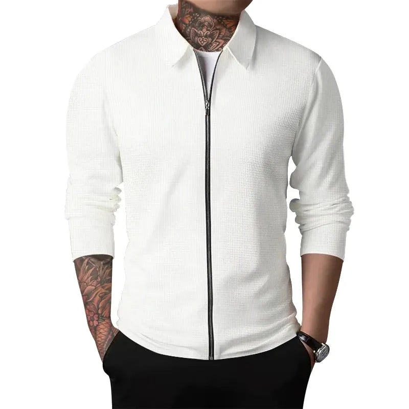 Spring and autumn 2023 new men's Sportswear, zippered long sleeved polo shirt+polyester fiber, solid checkered