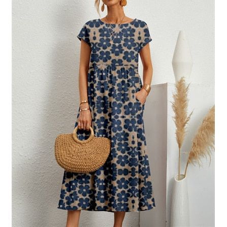 Elegant and fashionable women's cotton and linen dress, round neck printed short sleeved A-line skirt, Vintage dresses - Jointcorp
