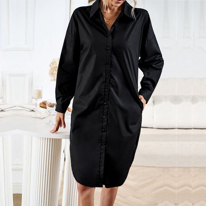 Ladies Vintage Solid Spring Autumn Dress Women Casual Button Lapel Streetwear Office Lady Women Shirt Dress Tops - Jointcorp