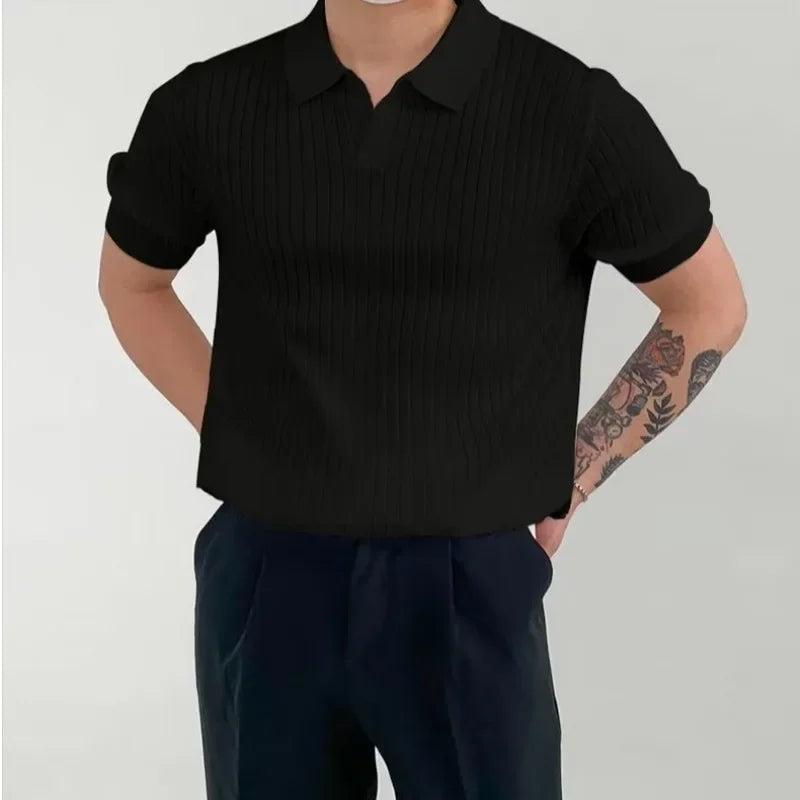 Fashion Knit Solid Color Men's Polo Shirt Slim Short Sleeve Turn-down Collar Ribbed Polo Tee 2025 Summer Men Clothes Casual Tops