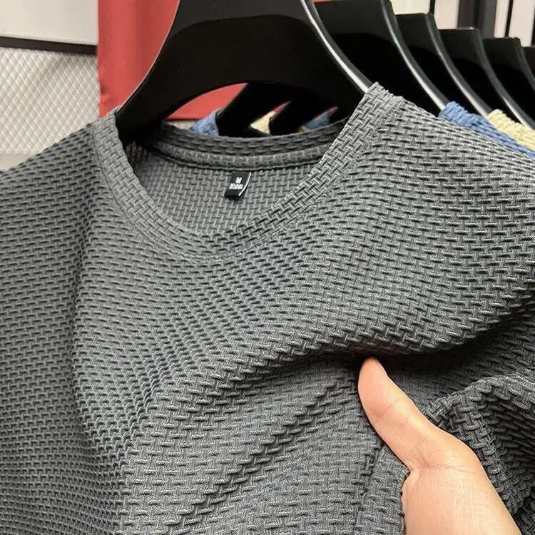 2024 New Bamboo Node Mesh Ice Silk Short Sleeves Men's Round Neck T-Shirt Trendy Brand Base Layer Summer Top Clothing