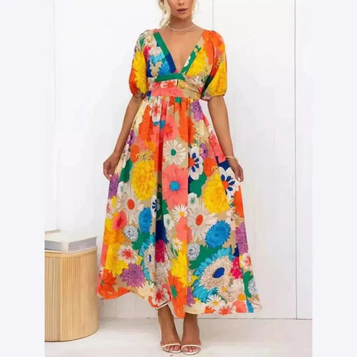Summer Fashion New Elegant Women's Dress V-neck French Printed Bubble Sleeves Leisure Vacation Wind Flower Petal Long Dress