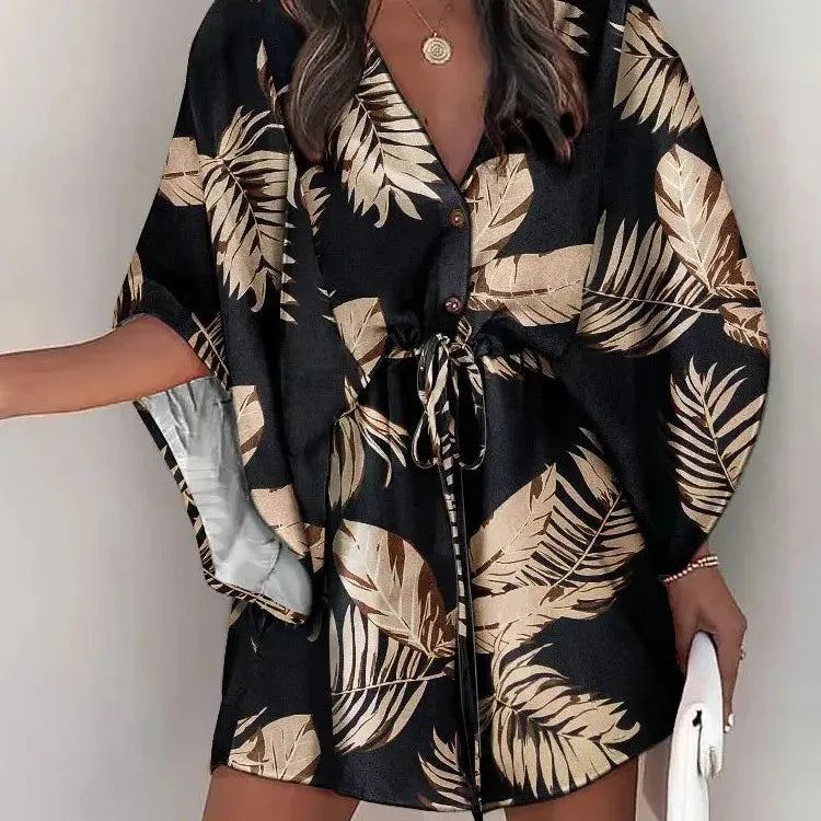 Summer Casual Dress Women Fashion Flying Sleeve V-neck Print Beach Party Dresses Elegant Lace Up Mini Dress Robe Femme 2023 New