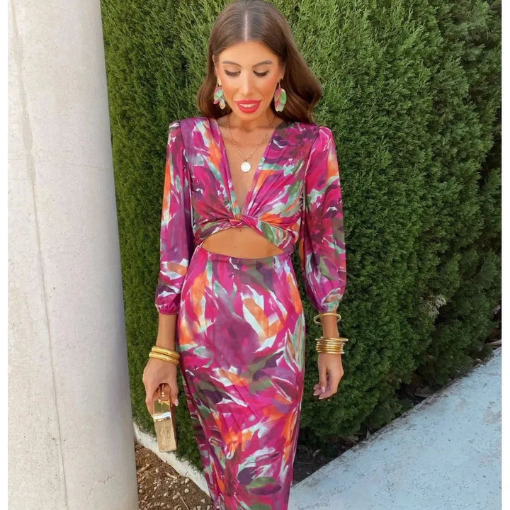 Women Chic Floral Printed Long Dresses Elegant Long Sleeve Hollow Out Robes 2024 Summer Vacation High Street Party Vestidos