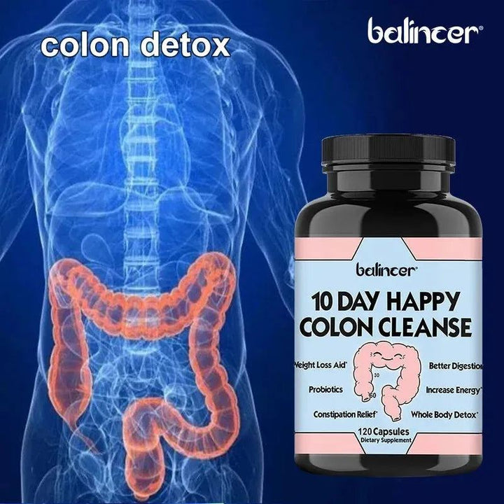 10 Days of Happy Colon Cleanse Digestive Support - Daily Detoxification, Constipation Relief | Non-GMO 60/120 Capsules