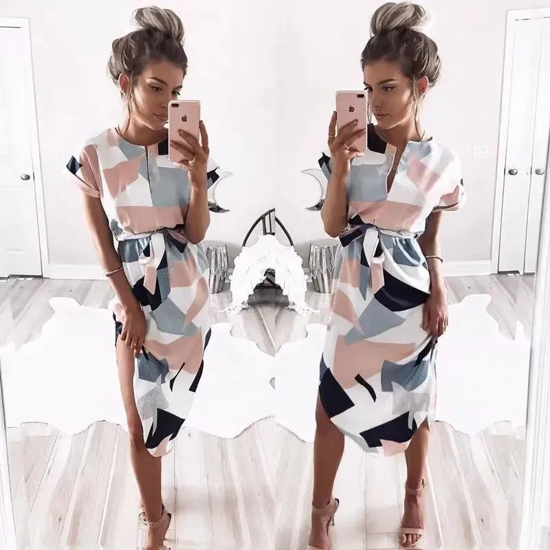 Elegant dress for women, short sleeve, V neck, belt tunic, geometry print, irregular, Office, European and American, summer