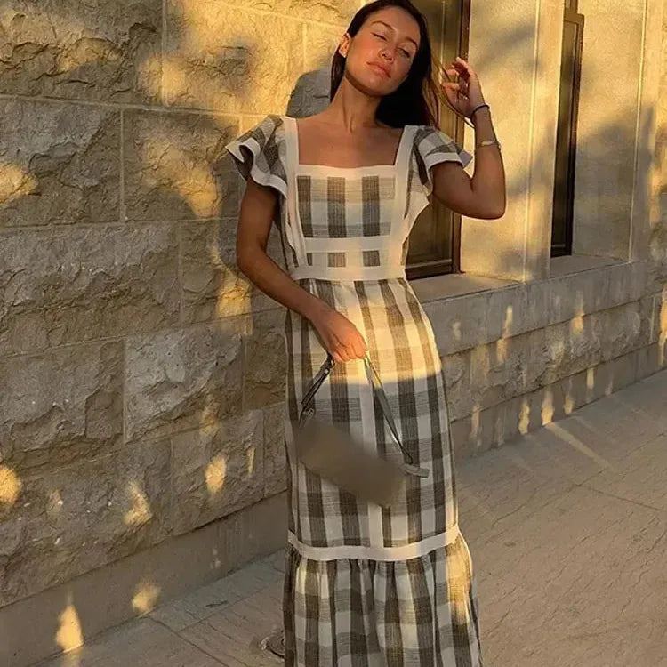Elegant Vintage Plaid Flying Sleeve Spliced Dress Women Square Collar High Waist Vestido 2024 Spring High Street Female Robe