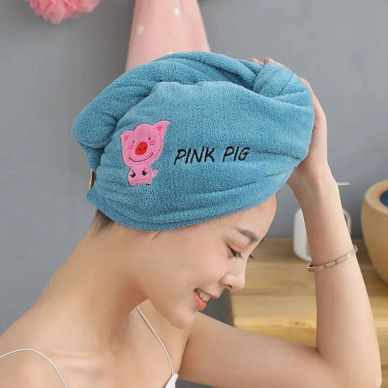 Cute Animal Embroidery Absorbent Shower Cap Coral Fleece Hair Drying Cap Towel Women Thicken Quick-Dry Turban Bathroom