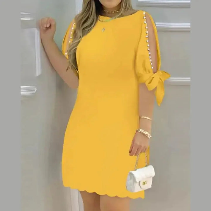 Women Dress 2023 Summer New Fashion Sweet and Fresh Pearls Decor Split Sleeve Casual Temperament Commuting Mini Skirt