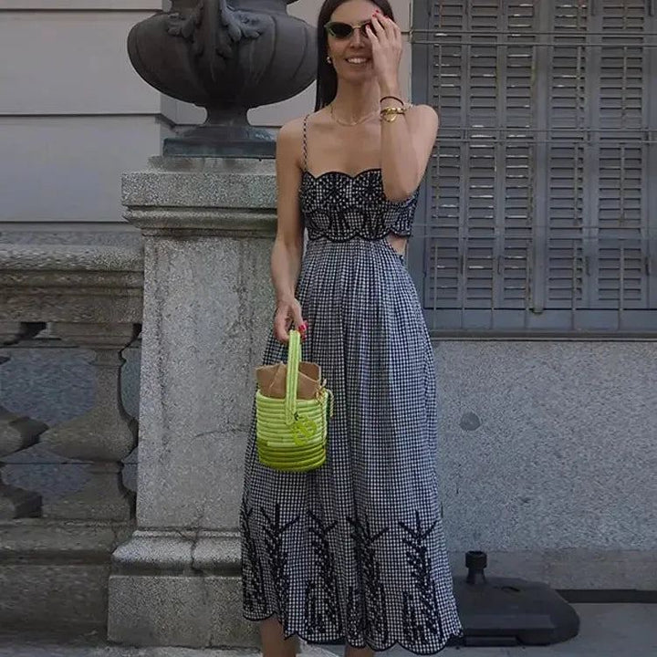 Chic Plaid Print Backless Hollow Out Strap Dress Women Sexy Sleeveless Bodycon Dresses 2024 Lady Vocation Party Vestidos