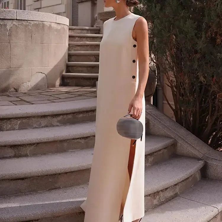 Fashion Solid Sleeveless Button Split Dress Women Elegant Round Neck Loose Long Dresses 2024 Summer New Lady High Street Robes