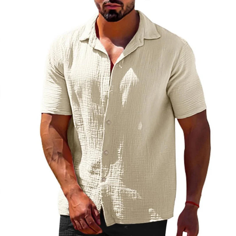 Seaside Beach Style Casual Breathable Shirt Men Solid Color Slim Short Sleeve Shirts Summer Mens Vintage Lapel Button-up Shirt