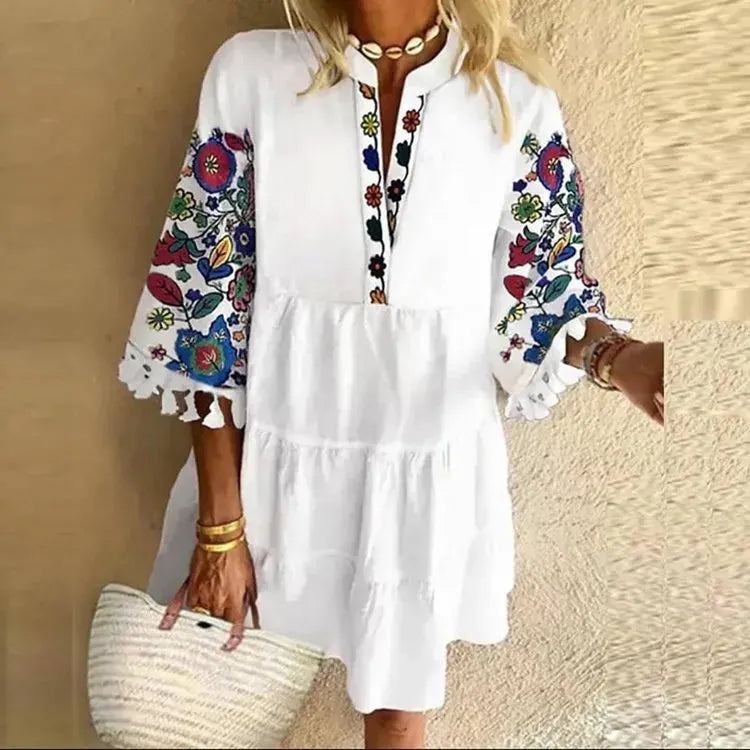 Dress Women summer tassel v-neck short sleeve floral printing ruffled hem Dresses Casual Vestidos dropshipping sale YSX8914