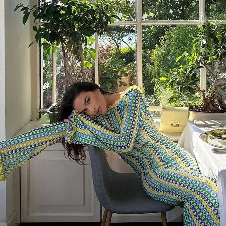 Women Elegant Contrast Stripe Backless Maxi Dress Female Casual O Neck Flare Long Sleeve Vestidos Lady Sexy Vacation Party Robe