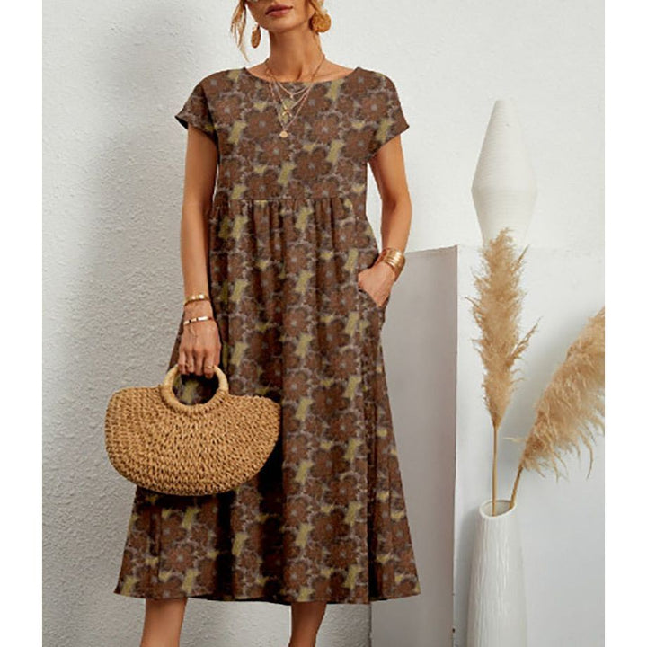 Elegant and fashionable women's cotton and linen dress, round neck printed short sleeved A-line skirt, Vintage dresses - Jointcorp