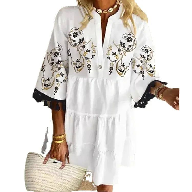 Dress Women summer tassel v-neck short sleeve floral printing ruffled hem Dresses Casual Vestidos dropshipping sale YSX8914