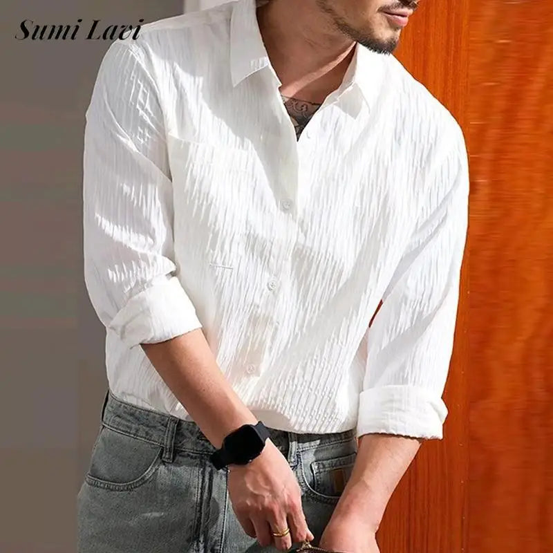 2024 Spring Fall Streetwear Casual Shirts Men Trendy Textured Long Sleeve Shirt For Mens Fashion Turn-down Collar Buttoned Shirt