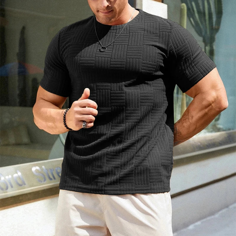 Fashion Loose Textured Mens T Shirts 2024 Spring Summer Casual Short Sleeve O Neck T-shirt Men Clothes Leisure Solid Color Tees