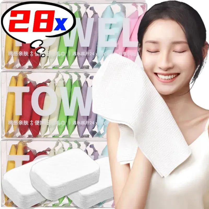28/7PCS Portable Compressed Towel Disposable Face Washcloth Soft Beauty Cleaning Towel Thickened Cotton Travel Washable Wipes