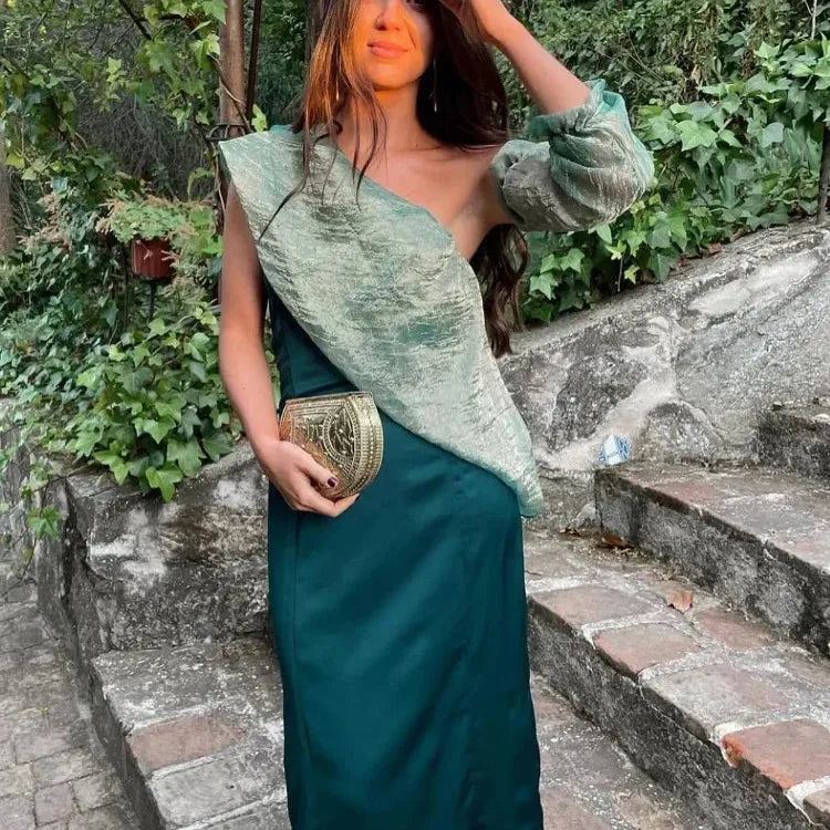 Women Elegant Green Mesh Long Dress Sexy Off Shoulder Patchwork Backless Prom Robes 2024 Summer Chic Lady Evening Vestidos