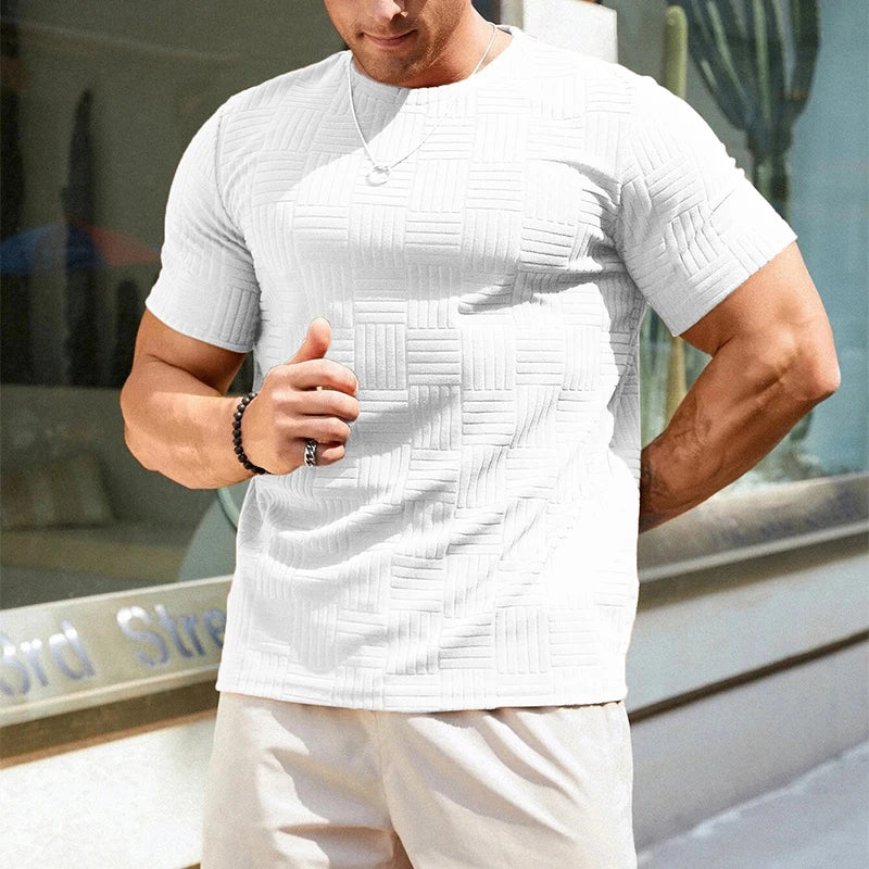Fashion Loose Textured Mens T Shirts 2024 Spring Summer Casual Short Sleeve O Neck T-shirt Men Clothes Leisure Solid Color Tees