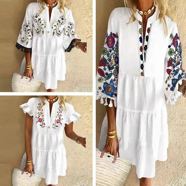 Dress Women summer tassel v-neck short sleeve floral printing ruffled hem Dresses Casual Vestidos dropshipping sale YSX8914