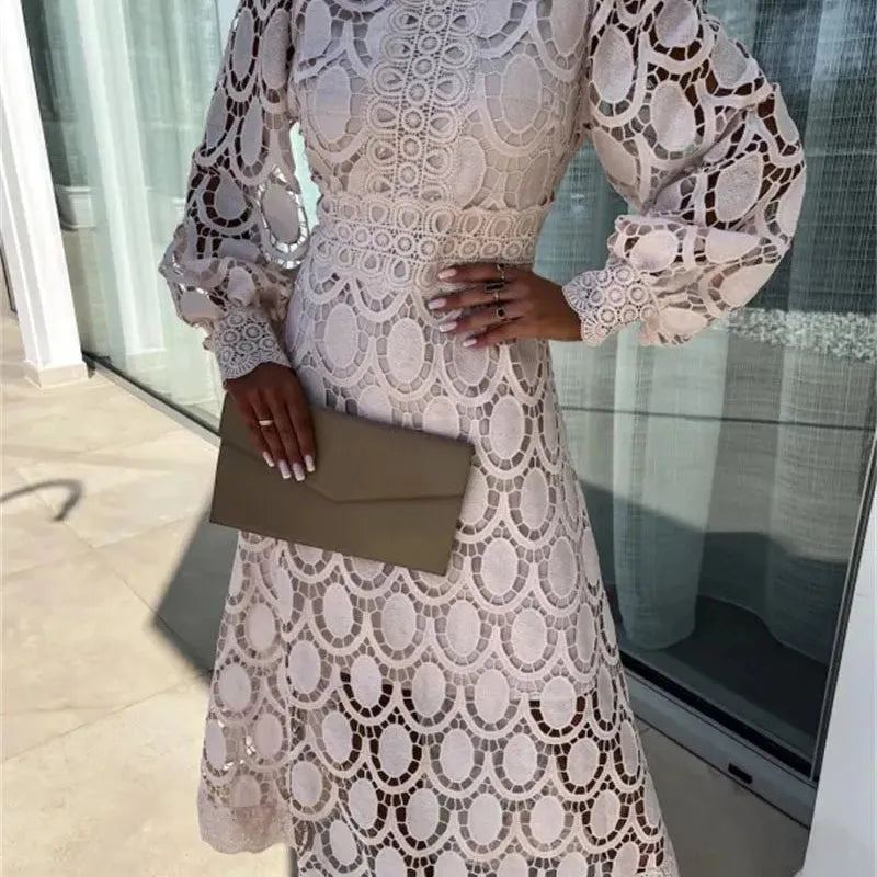 Women Fashion Dress Long Sleeved Lace Splicing Crochet embroidery Solid Color Hollowed out A Ling Long Dress