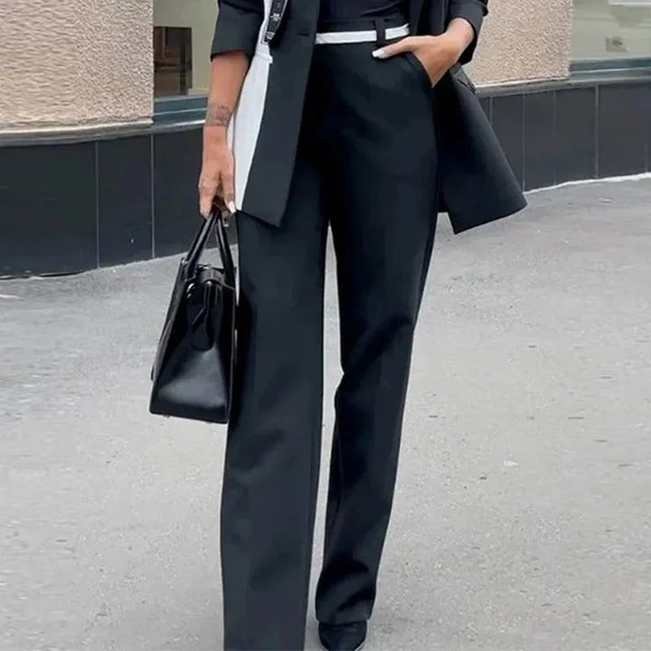 Women Blazer Suit Autumn Office Fashion Splicing Lapel Single Button Long Sleeve Top Loose With Pockets Pants Sets